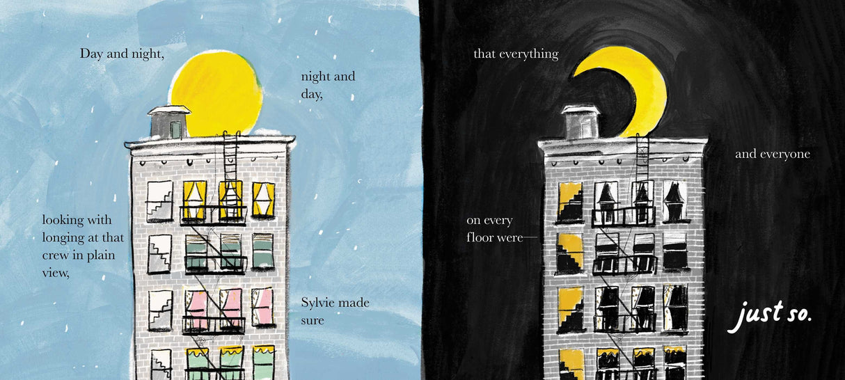 Illustration from Sylvie showing an apartment building day and night with glowing windows and a yellow sun and moon.