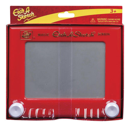 Etch-A-Sketch classic edition with red frame and two white knobs for creative drawing and sketching fun.