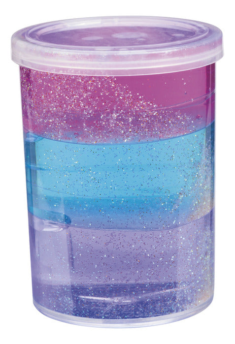 Triple Layer Slime in a 2½ inch jar with three glittery layers of slimy putty in assorted colors for ages 5+