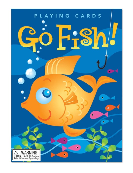 Color Go Fish playing cards featuring a bright orange fish and colorful smaller fish in water with a fishing hook.