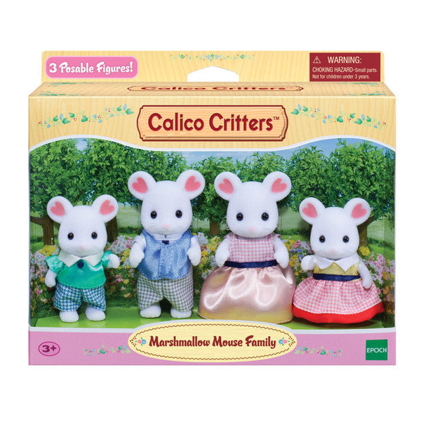 Marshmallow Mouse Family four-piece posable figures dressed in fabric clothing for imaginative play.