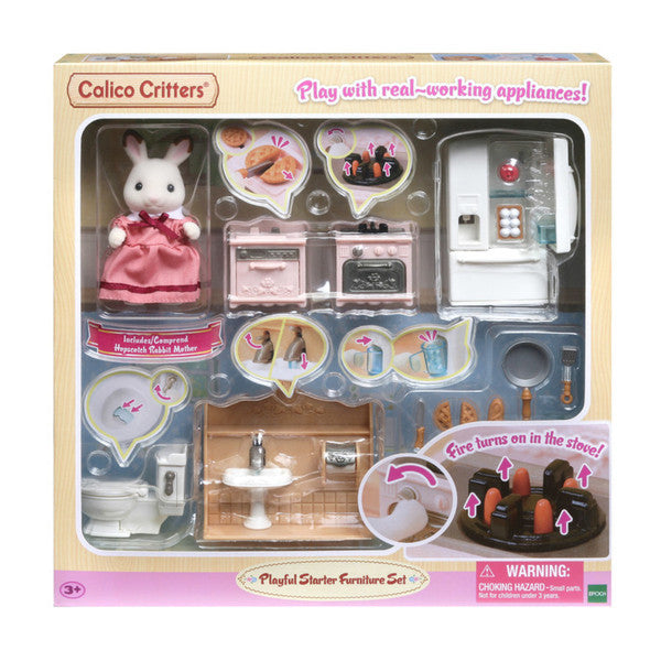 Playful Furniture starter set with Hopscotch Rabbit figure, stove, fridge, sink, toilet, and accessories for pretend play.
