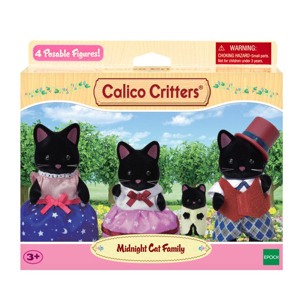 Midnight Cat Family posable black cat figures including magical father, fortune-telling mother, helpful girl, and free-spirited baby.