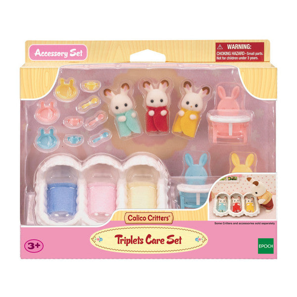 Triplets Care Set with Hopscotch Rabbit baby triplets, chairs, crib, and feeding accessories for imaginative play.