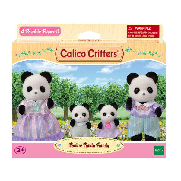 Pookie Panda Family posable toy figures dressed in fabric clothing, including father, mother, and two babies.