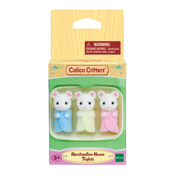 Marshmallow Mouse Triplets set includes three cradled babies in blue, yellow, and pink fabric clothing in a tray.
