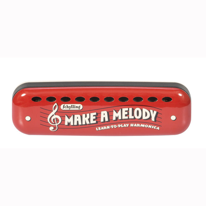 Learn to Play Harmonica red tin harmonica with music notes and beginner-friendly design in the key of C for all ages.