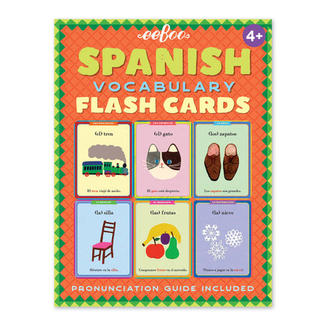 Spanish Flash Cards with colorful illustrations teaching basic Spanish vocabulary for ages 4 and up, pronunciation guide included.