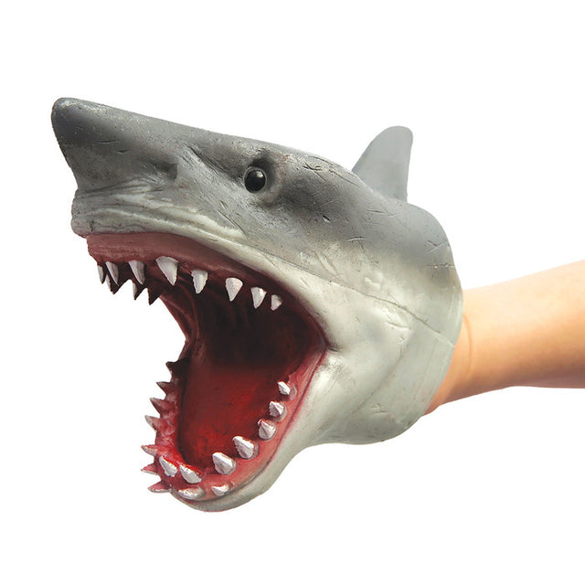 Shark Rubber Puppet with open mouth showing sharp teeth, made of stretchy TPR for fun and expressive play.
