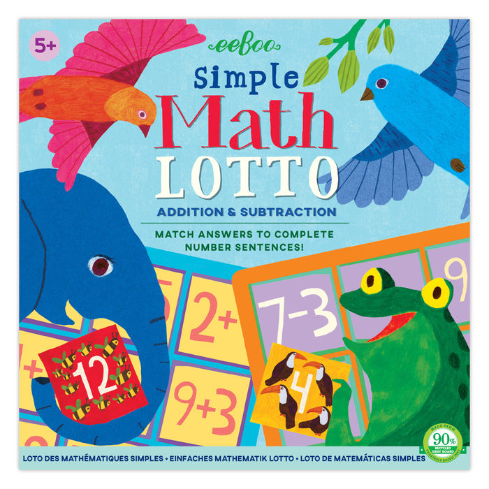 Simple Math Bingo game box showing colorful animal illustrations and math problems for addition and subtraction play.