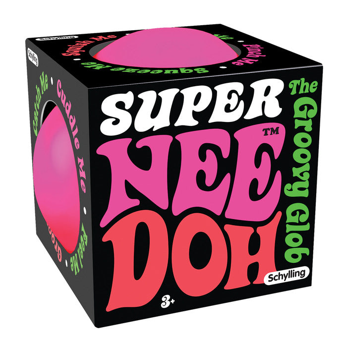 NeeDoh Super packaging showing colorful groovy glob design, 4.5-inch squeezable sensory toy for ages 3+