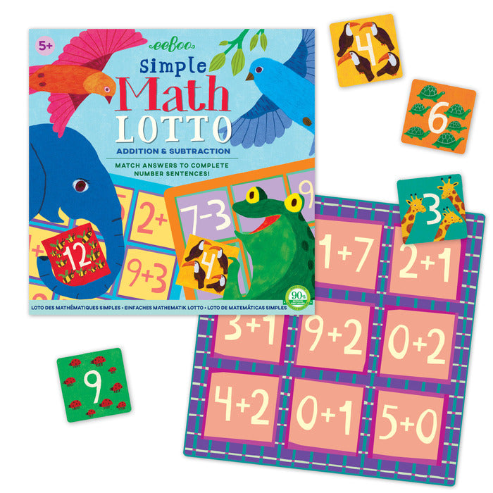 Simple Math Bingo game with colorful animal illustrations, addition and subtraction math problems, and double-sided boards.