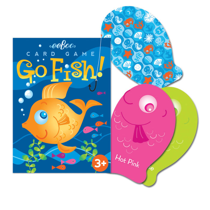 Color Go Fish card game with fish-shaped cards in bold colors Hot Pink and Chartreuse for kids 3 and up.