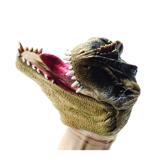 Hand wearing a menacing Dino Rubber Puppet T-Rex head with open mouth and detailed texture.
