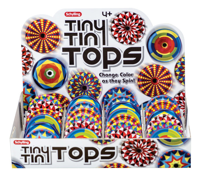 Tin Spinning Top with colorful retro patterns, 2.25 inch diameter, made of tin, sold individually, ages 4+