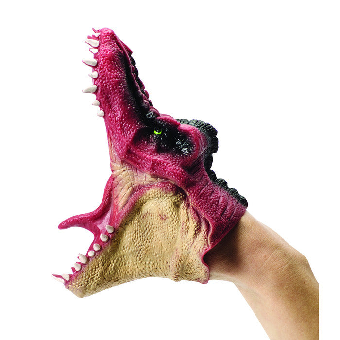 Dino Rubber Puppet showing a detailed T-Rex head with open mouth worn on a hand for prehistoric play.