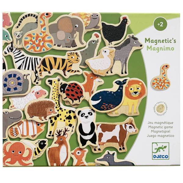 Magnets Magnimo Animals wooden magnetic animal pieces with colorful designs for imaginative play, suitable for ages 2+.