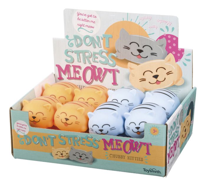 Kitty Don't Stress Meowt chubby kitty stress relief toys in orange and blue colors, display box included.
