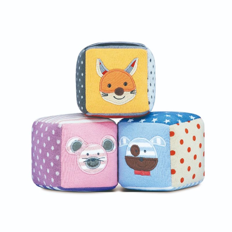 Organic Soft Blocks Set featuring embroidered dog, mouse, and fox on 100% organic cotton soft blocks, eco-friendly and safe.