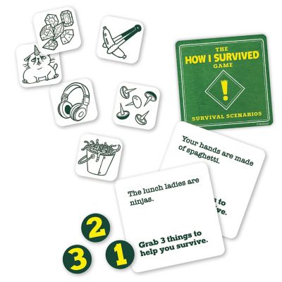 The How I Survived Game cards and object chips showing survival scenarios and creative challenges.