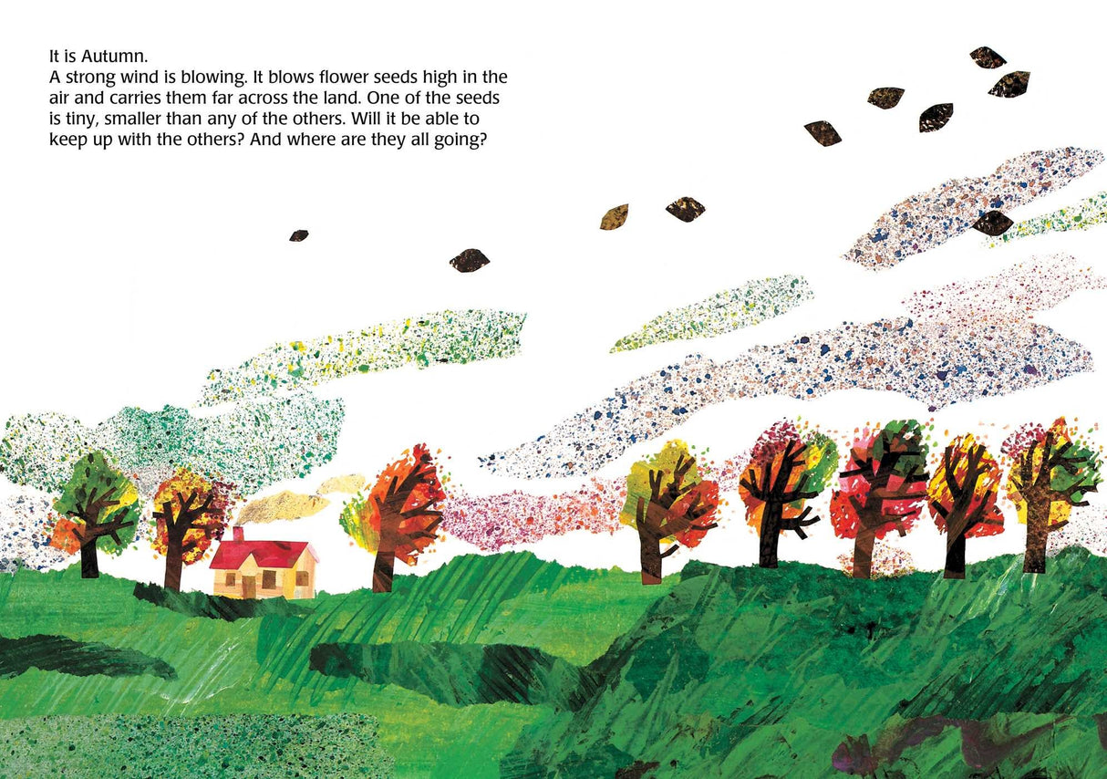 Illustration from The Tiny Seed showing autumn landscape with colorful trees and seeds blowing in the wind across the land.