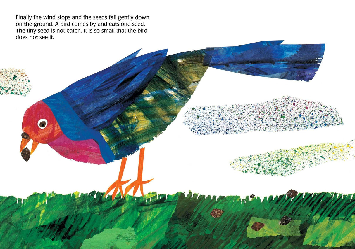 Illustration of a colorful bird eating a seed on grass from the children's book The Tiny Seed by Eric Carle.