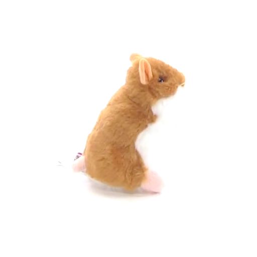 Soft tan and white plush stuffed animal with beady eyes, side view of Hamster Brushy toy by Douglas.