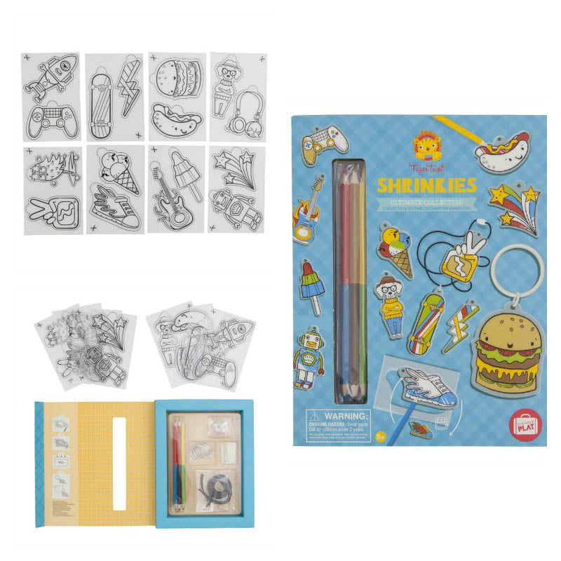 Shrinkies Ultimate Collection with plastic charms, color pencils, and keychain accessories for creative kids ages 4 to 6.