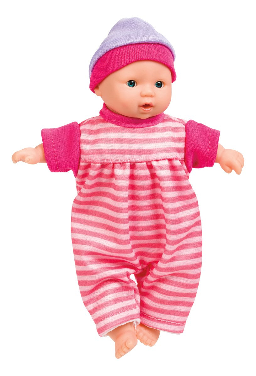 Mini Baby doll wearing pink and white striped outfit and purple hat, soft-bodied and 6 inches tall.