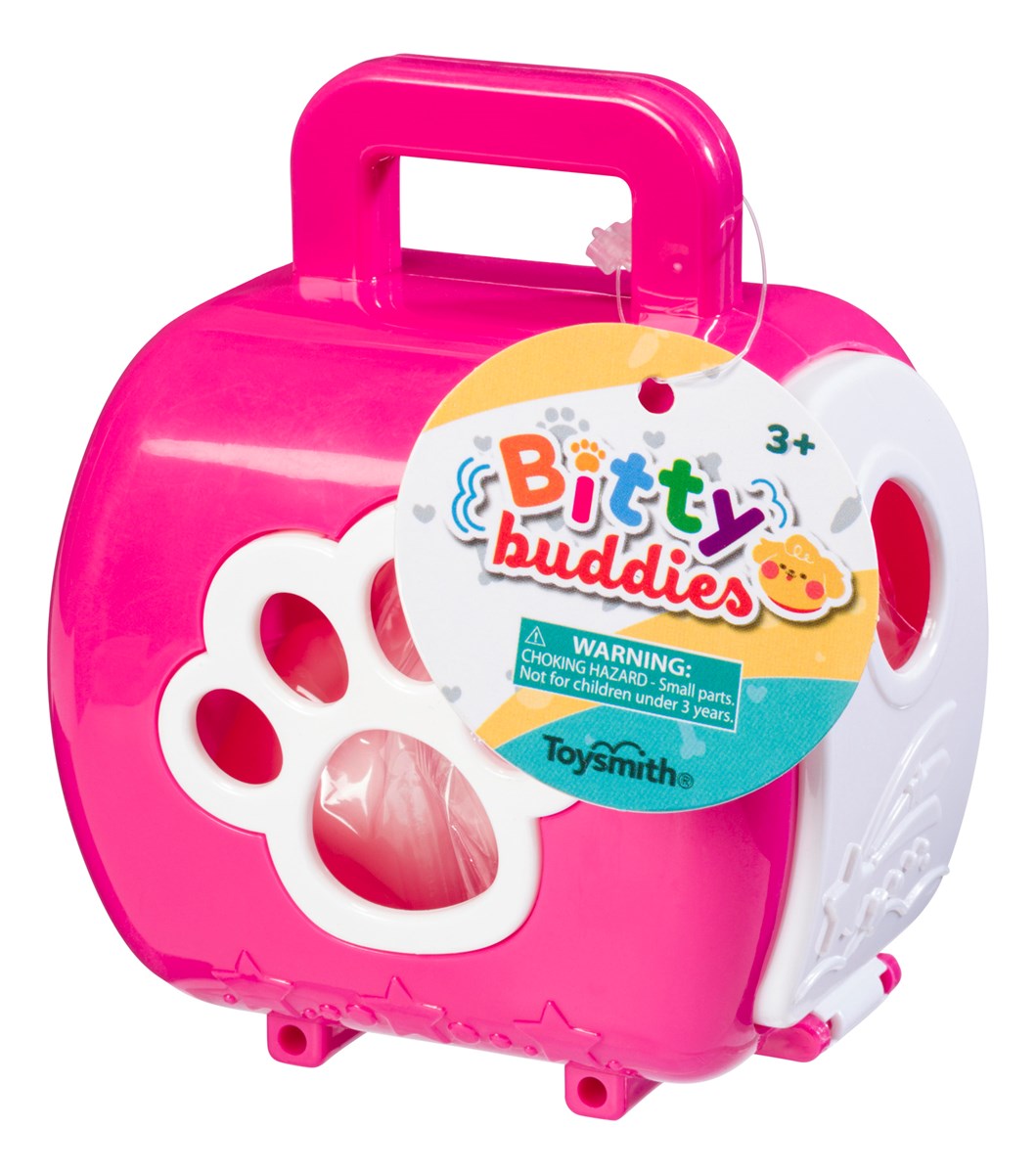 Bright pink Bitty Buddy carrier toy with paw print design and handle for kids ages 3 and up.