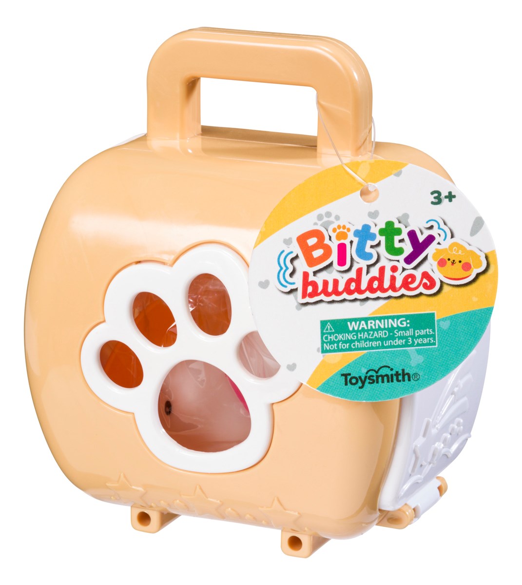 Bitty Buddy carrying case with paw print window and handle, designed for kids ages 3 and up.