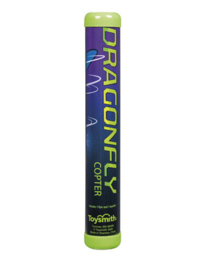 Dragonfly Copter packaging tube in purple and green with product name and Toysmith branding visible.