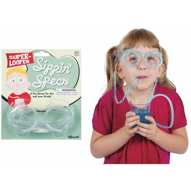 Sippin Specs clear straw glasses worn by child drinking blue juice, fun party accessory for kids 3 and up