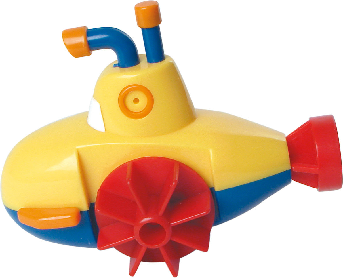 Wind-Up Tub Submarine toy in yellow, blue, and red colors with a wind-up propeller for bath or pool play.