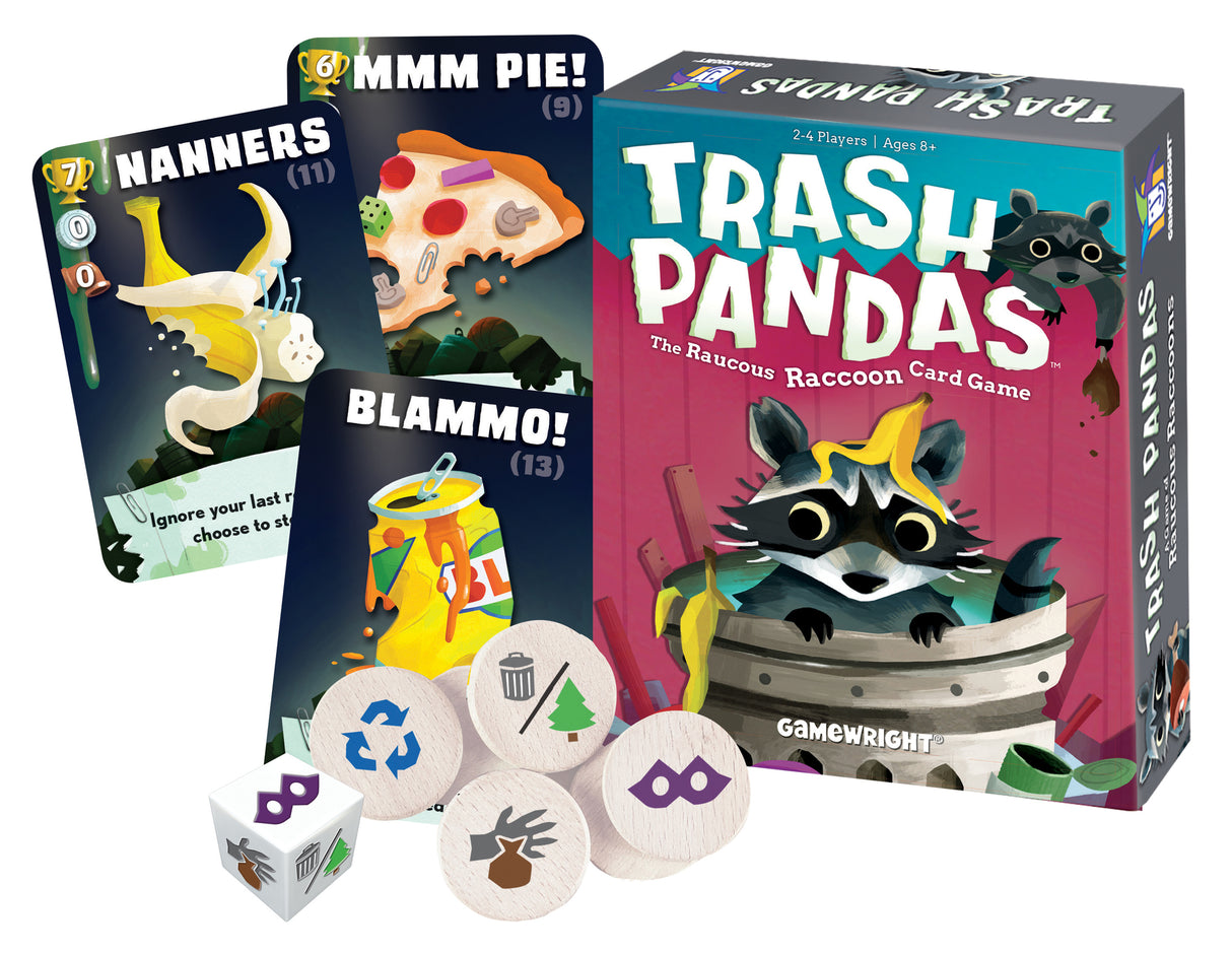 Trash Pandas game box with raccoon, cards showing pizza and bananas, wooden tokens, and custom die for playful card game fun.