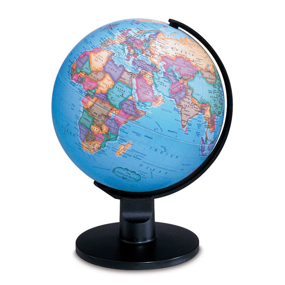Trekker Globe showing a colorful political world map with countries, capitals, and major cities on a black desktop stand.