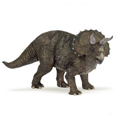Triceratops figure with detailed textured skin, three horns, and a sturdy build, perfect for ages 5 and up.