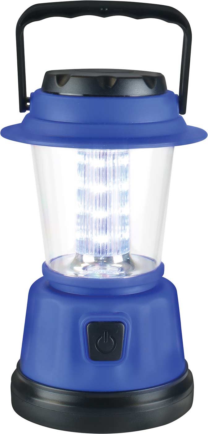 LED Lantern with 16 bright LED lights, two light modes, and a blue handle, perfect for camping and outdoor adventures.