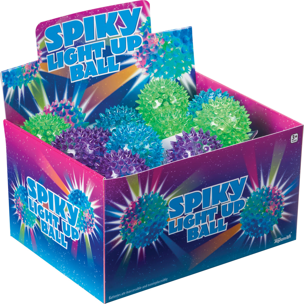 Spikey LightUp Ball colorful 2.5 inch textured balls that flash when bounced, shown in assorted bright colors in a display box.