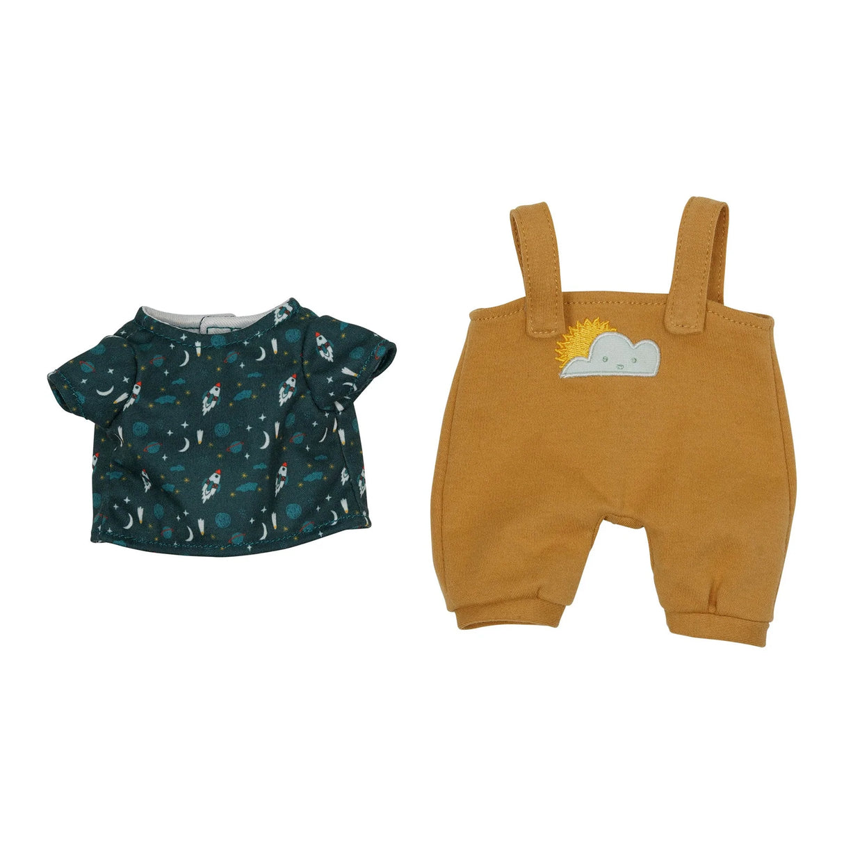 Wee Baby Stella Little Earthlings space-themed T-shirt and mustard overalls with sun and cloud applique.