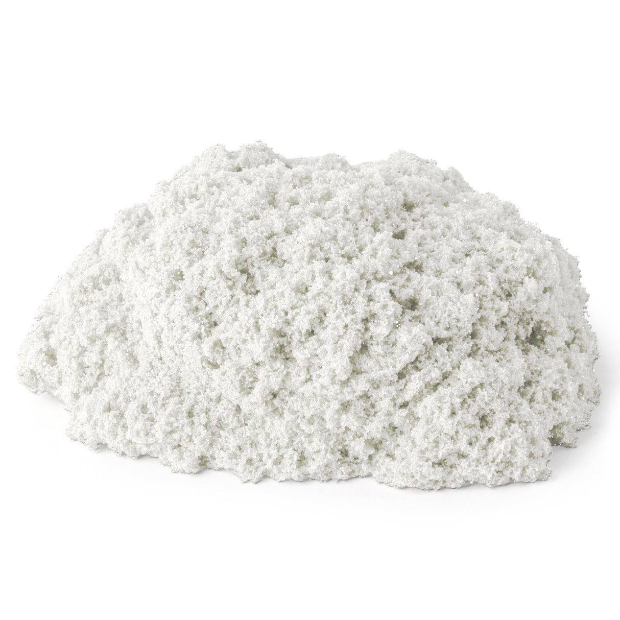 Kinetic Sand in white, showing its soft, moldable texture that sticks to itself and not to hands for creative play.