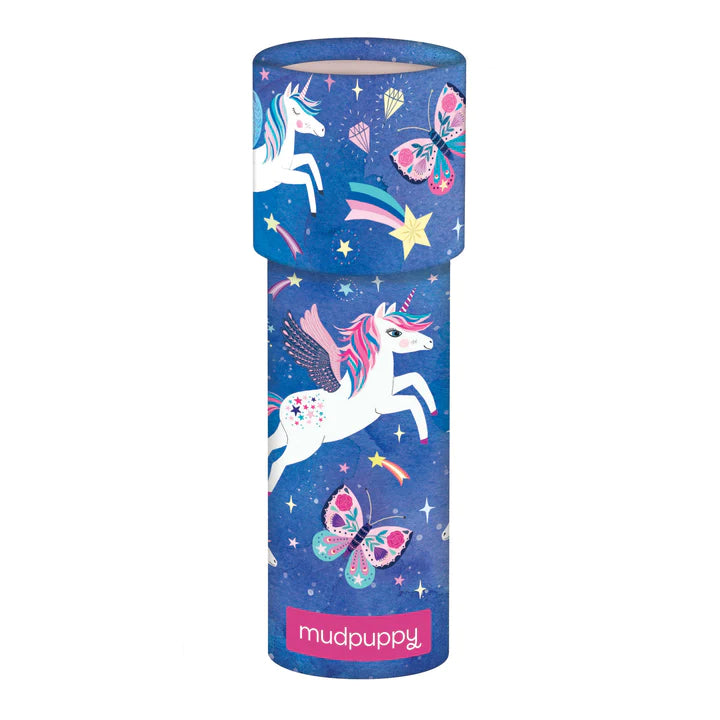 Kaleidoscope Unicorn Magic by Mudpuppy with colorful unicorn, butterfly, and star designs on a blue kaleidoscope tube.