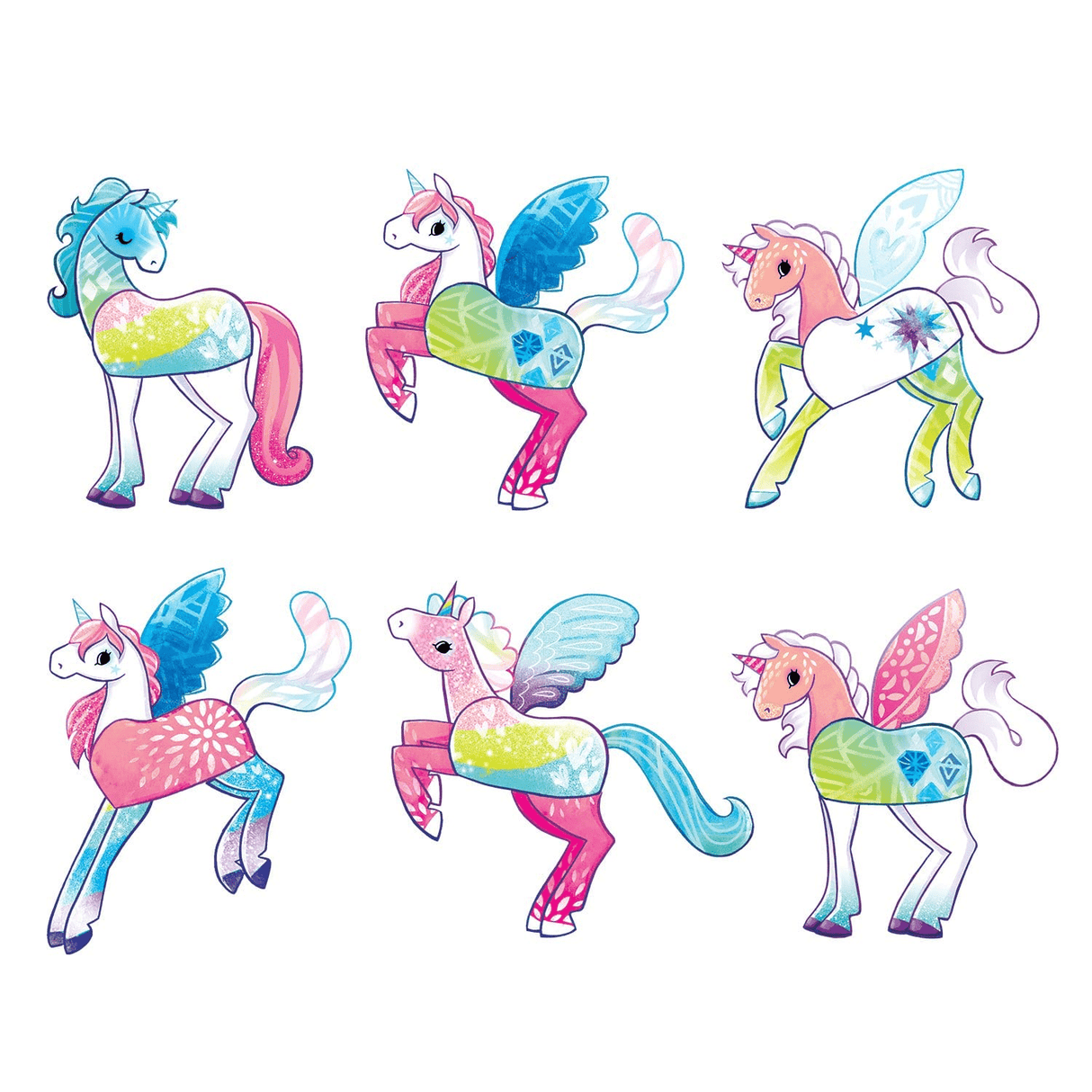 Magnetic Build It | Unicorn Magic showing six colorful, mix-and-match magnetic unicorns with wings and bright patterns.