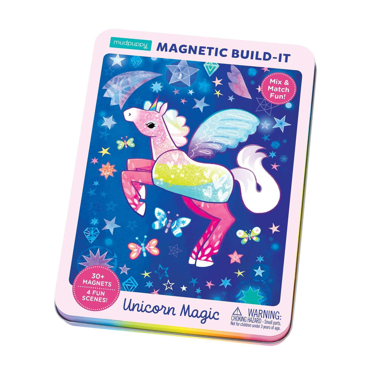 Magnetic Build It | Unicorn Magic tin with colorful unicorn and stars, featuring mix & match magnetic parts for creative play.