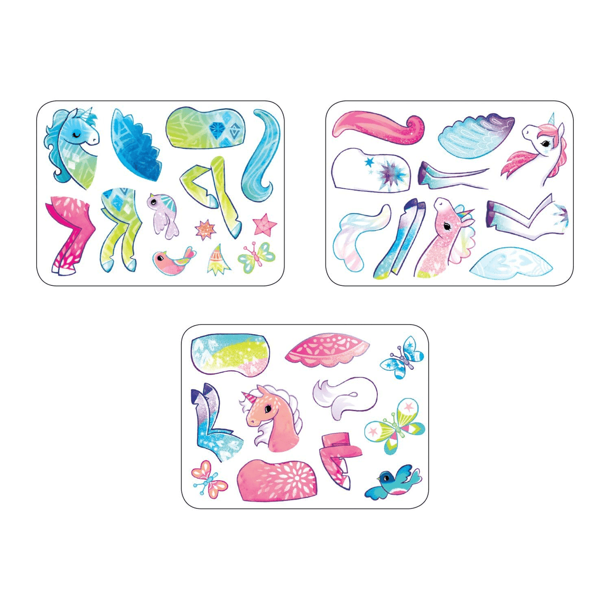 Magnetic Build It | Unicorn Magic showing three sheets of colorful magnetic unicorn parts for creative play.