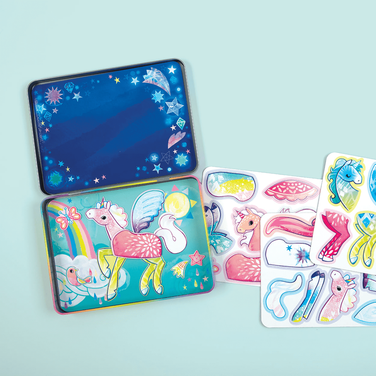 Magnetic Build It | Unicorn Magic travel tin with colorful unicorn magnets and illustrated scene for creative play.