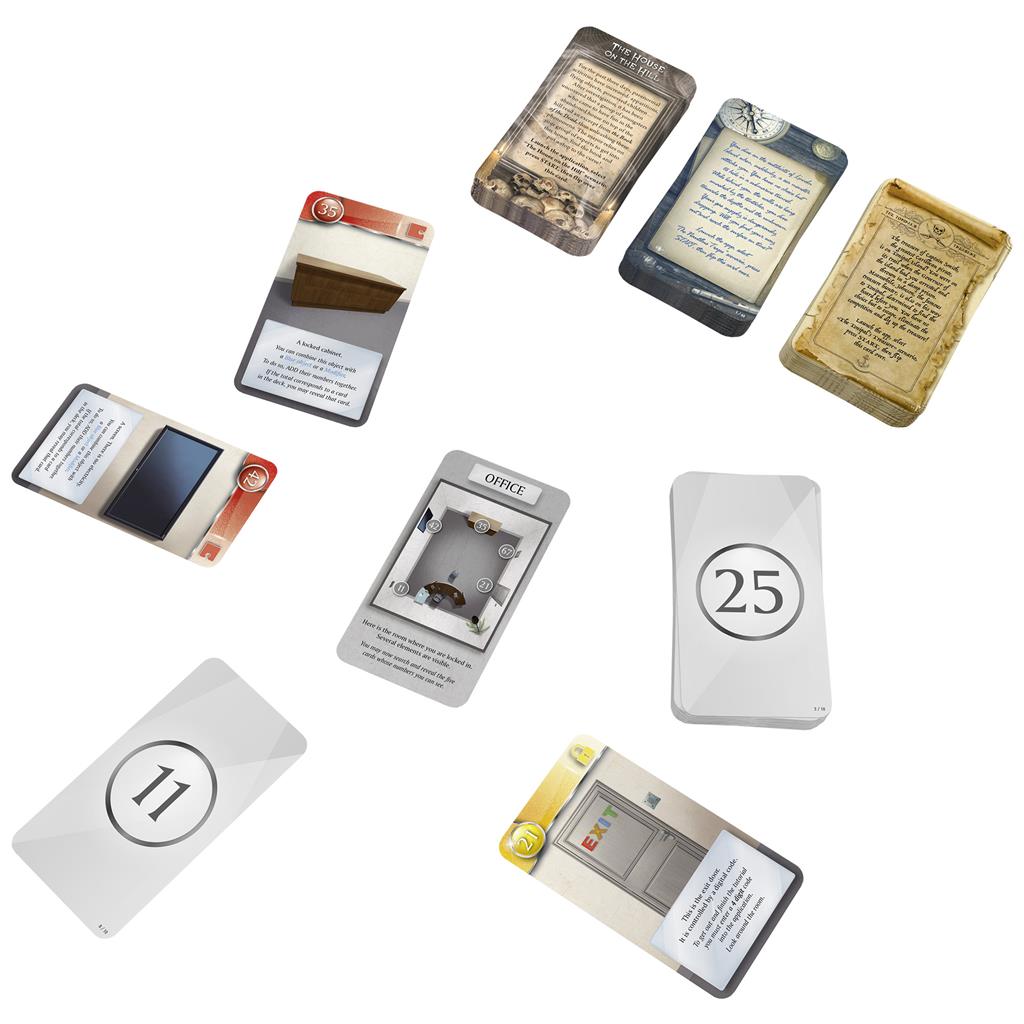 Unlock! Escape Game Mystery Adventures deck of clue and puzzle cards spread out on a white background.