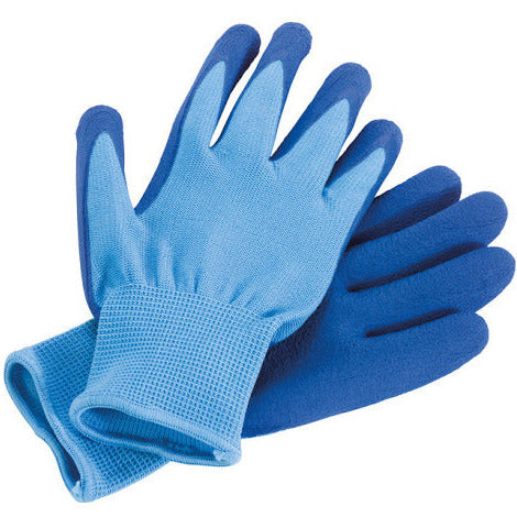 Stretchy blue Gardening Gloves designed to fit most kids aged 5 and up for comfortable garden protection.