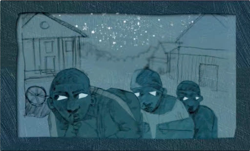 Underground shows a family silently crawling through a dark village under a starry night toward freedom.