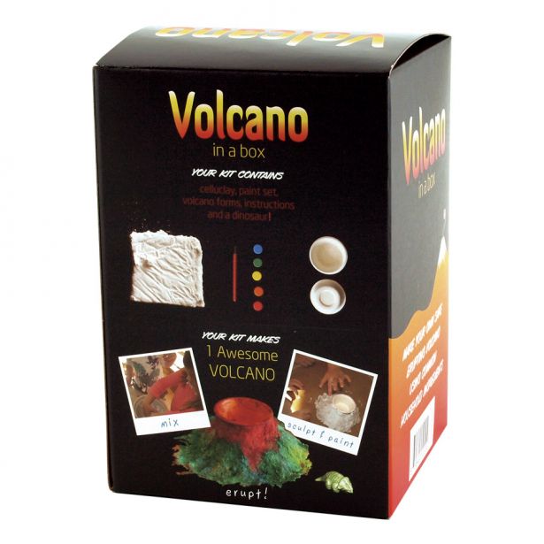 Volcano in a Box kit packaging showing materials to create and paint a model volcano for educational eruption fun.